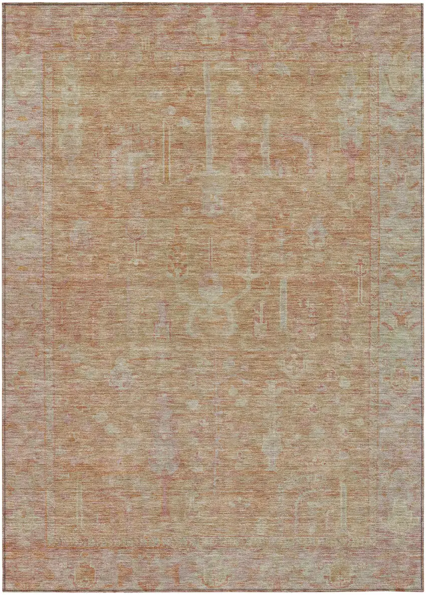 Coral And Beige Oriental Washable Indoor Outdoor Area Rug Photo 2