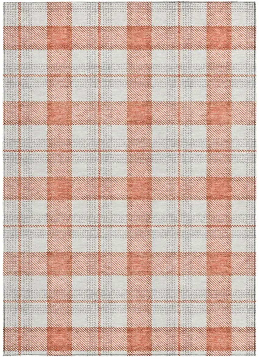 Coral And Beige Plaid Washable Indoor Outdoor Area Rug Photo 5