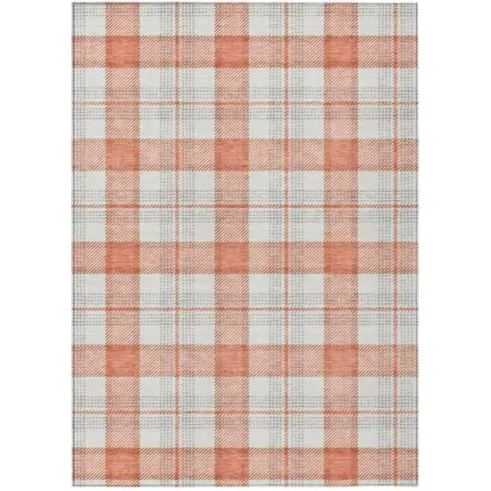 Coral And Beige Plaid Washable Indoor Outdoor Area Rug Photo 2