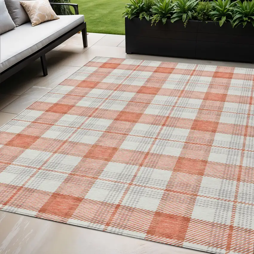 Coral And Beige Plaid Washable Indoor Outdoor Area Rug Photo 1