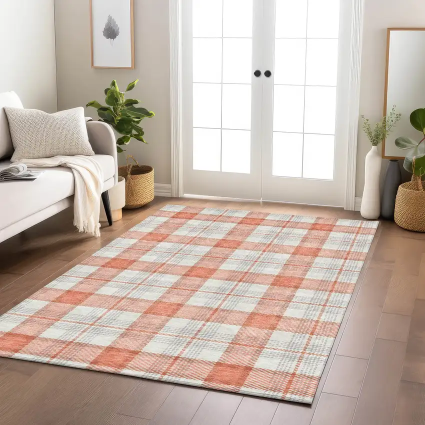 Coral And Beige Plaid Washable Indoor Outdoor Area Rug Photo 9
