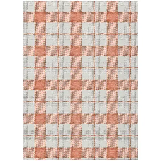 Coral And Beige Plaid Washable Indoor Outdoor Area Rug Photo 2