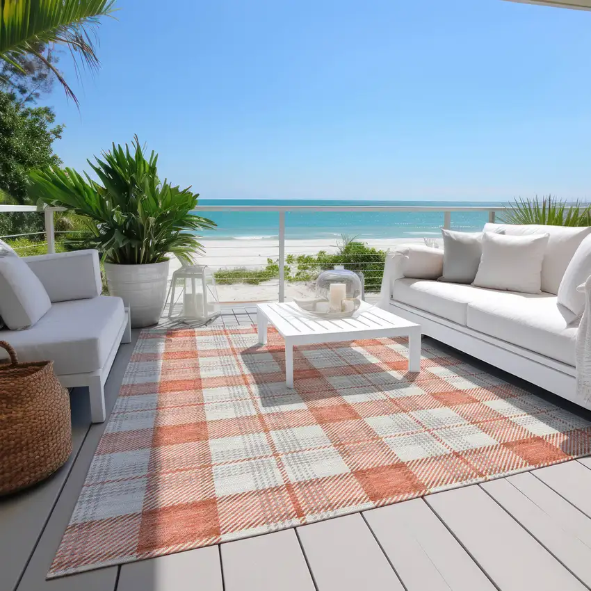 Coral And Beige Plaid Washable Indoor Outdoor Area Rug Photo 9