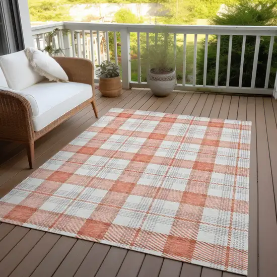 Coral And Beige Plaid Washable Indoor Outdoor Area Rug Photo 6