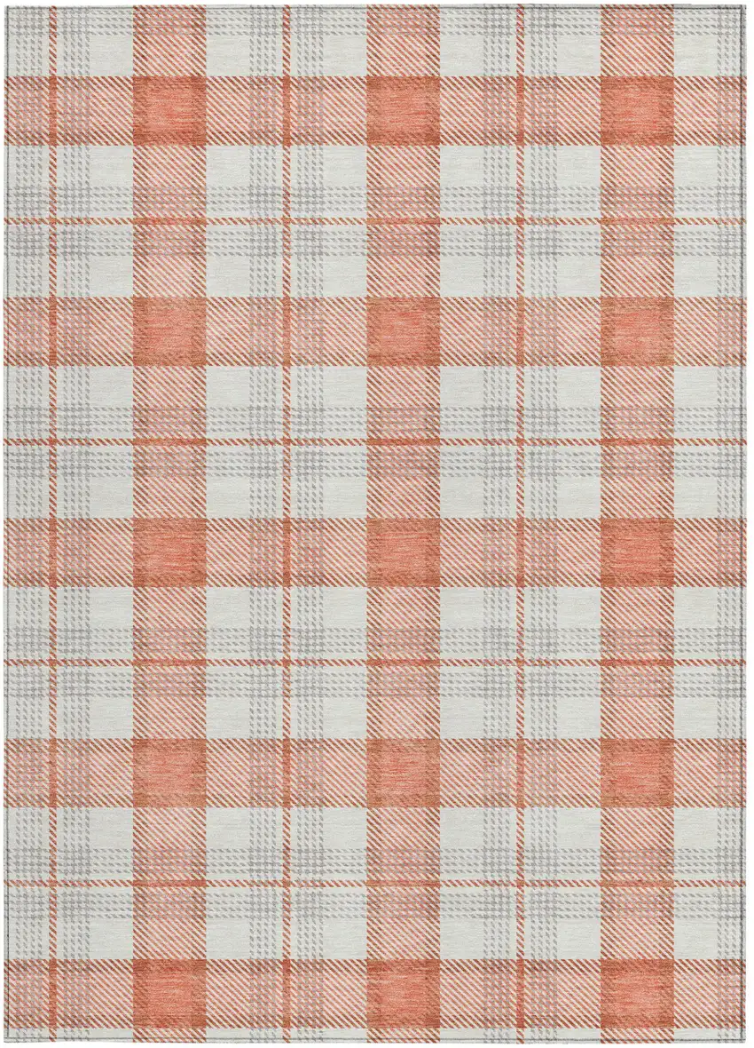 Coral And Beige Plaid Washable Indoor Outdoor Area Rug Photo 5