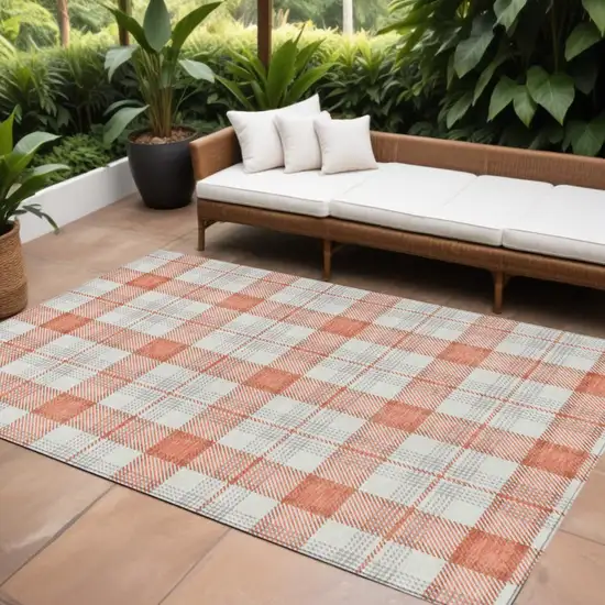 Coral And Beige Plaid Washable Indoor Outdoor Area Rug Photo 1