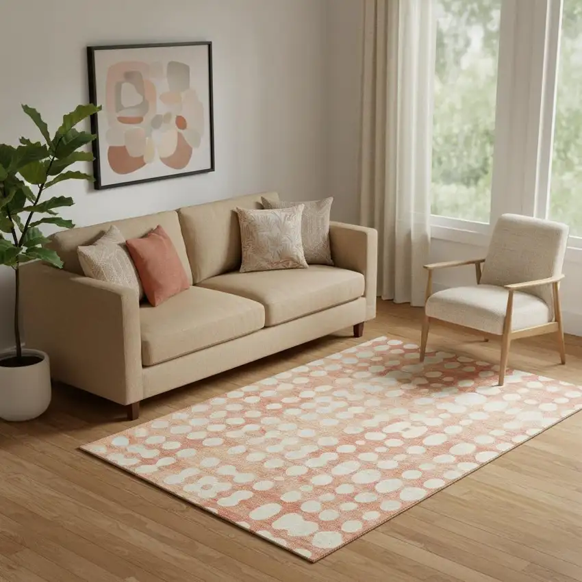 Coral And Beige Polka Dot Washable Area Rug With UV Protection Photo 1