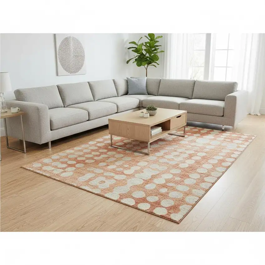 Coral And Beige Polka Dot Washable Area Rug With UV Protection Photo 2