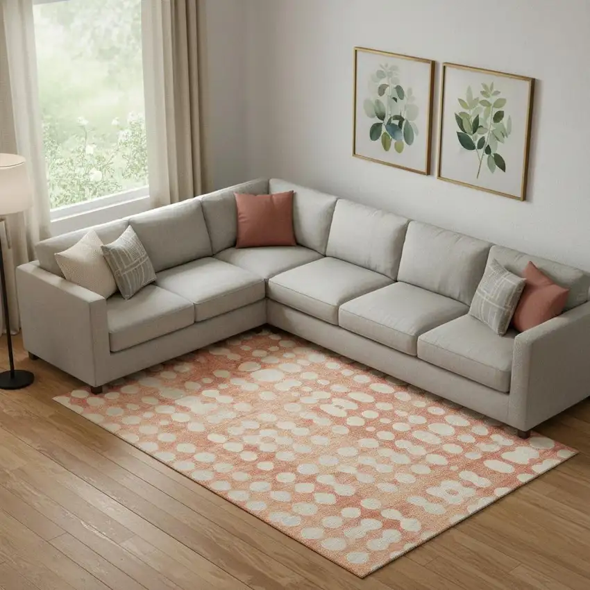 Coral And Beige Polka Dot Washable Area Rug With UV Protection Photo 1