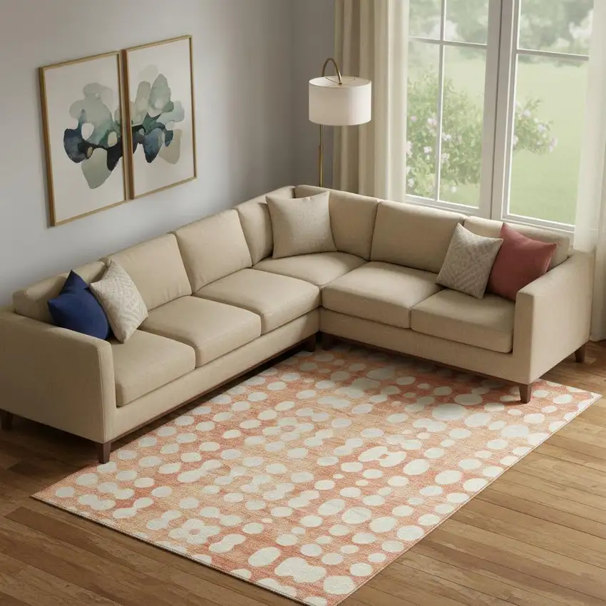 Coral And Beige Polka Dot Washable Area Rug With UV Protection Photo 1