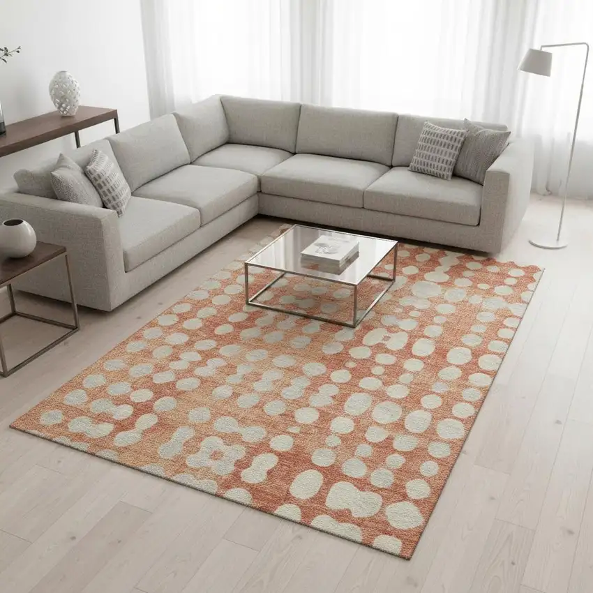 Coral And Beige Polka Dot Washable Area Rug With UV Protection Photo 2