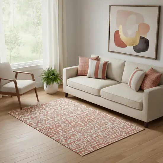 Coral And Beige Southwestern Washable Area Rug With UV Protection Photo 1