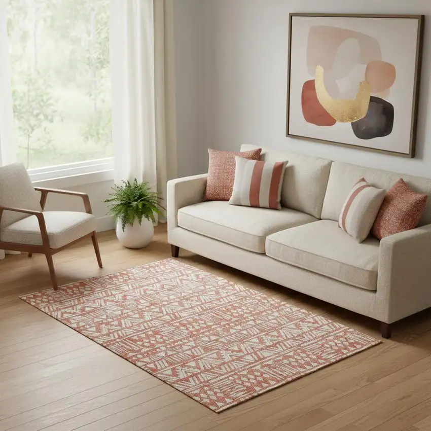 Coral And Beige Southwestern Washable Area Rug With UV Protection Photo 1