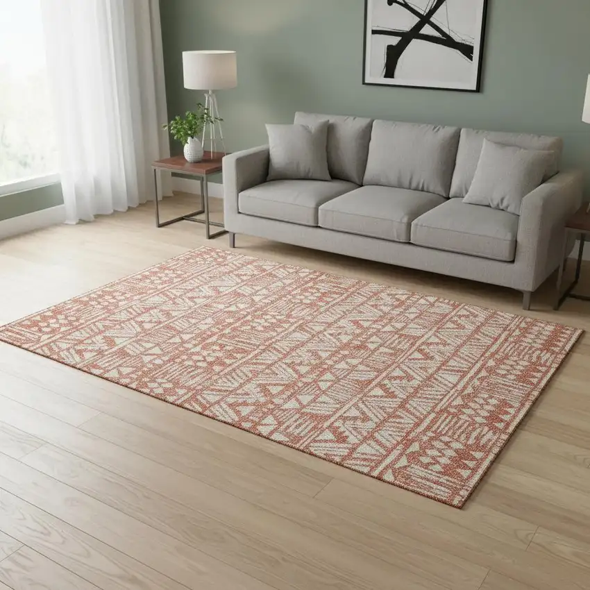 Coral And Beige Southwestern Washable Area Rug With UV Protection Photo 2