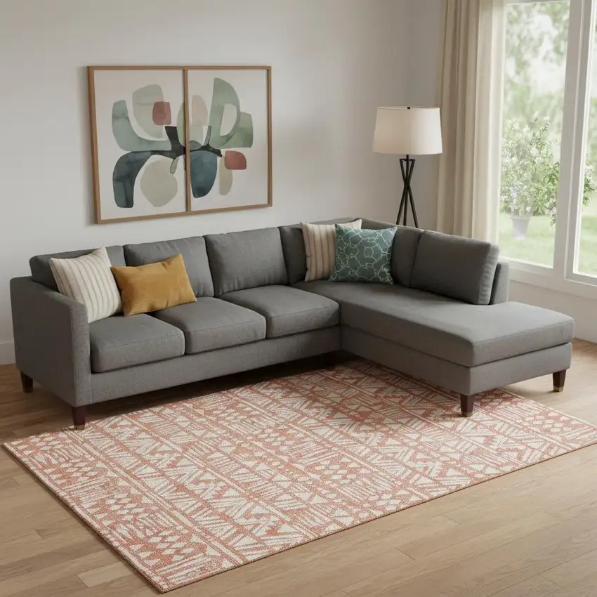 Coral And Beige Southwestern Washable Area Rug With UV Protection Photo 1