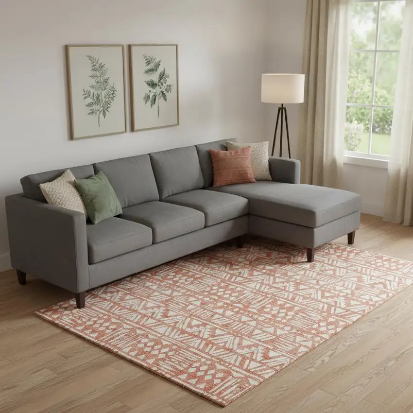 Coral And Beige Southwestern Washable Area Rug With UV Protection Photo 1