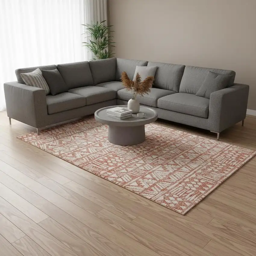 Coral And Beige Southwestern Washable Area Rug With UV Protection Photo 2