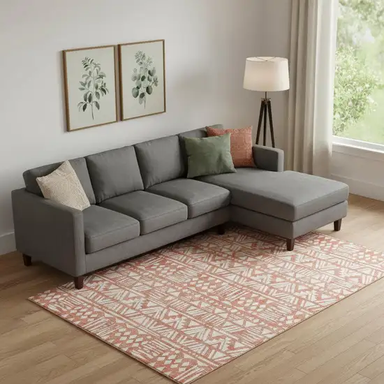 Coral And Beige Southwestern Washable Area Rug With UV Protection Photo 1