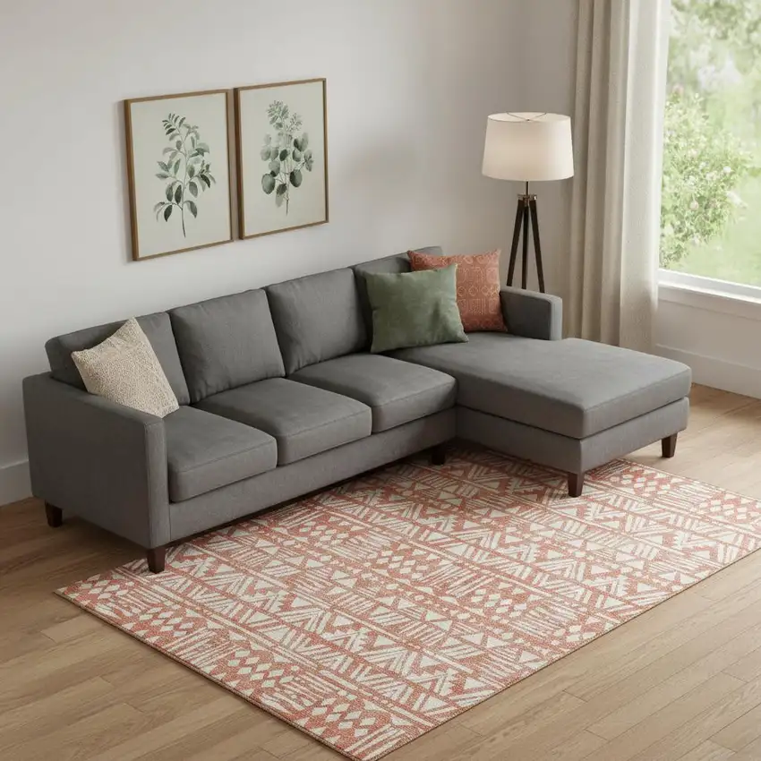 Coral And Beige Southwestern Washable Area Rug With UV Protection Photo 1