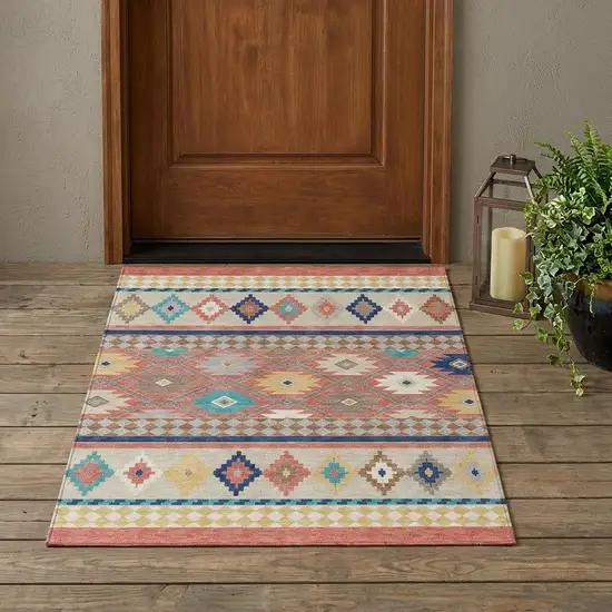 Coral And Beige Southwestern Washable Indoor Outdoor Area Rug Photo 1