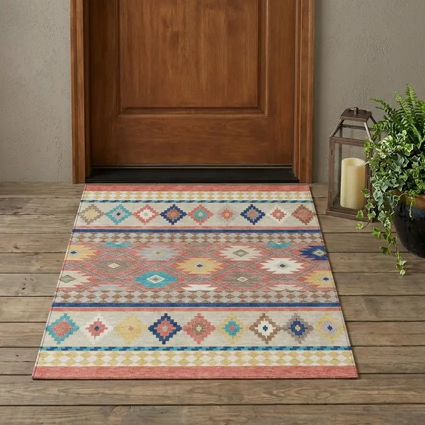 Coral And Beige Southwestern Washable Indoor Outdoor Area Rug Photo 1