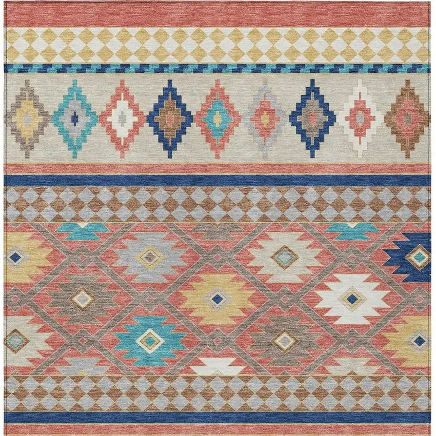 Coral And Beige Southwestern Washable Indoor Outdoor Area Rug Photo 4