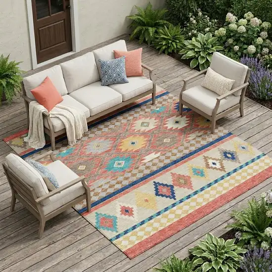 Coral And Beige Southwestern Washable Indoor Outdoor Area Rug Photo 1