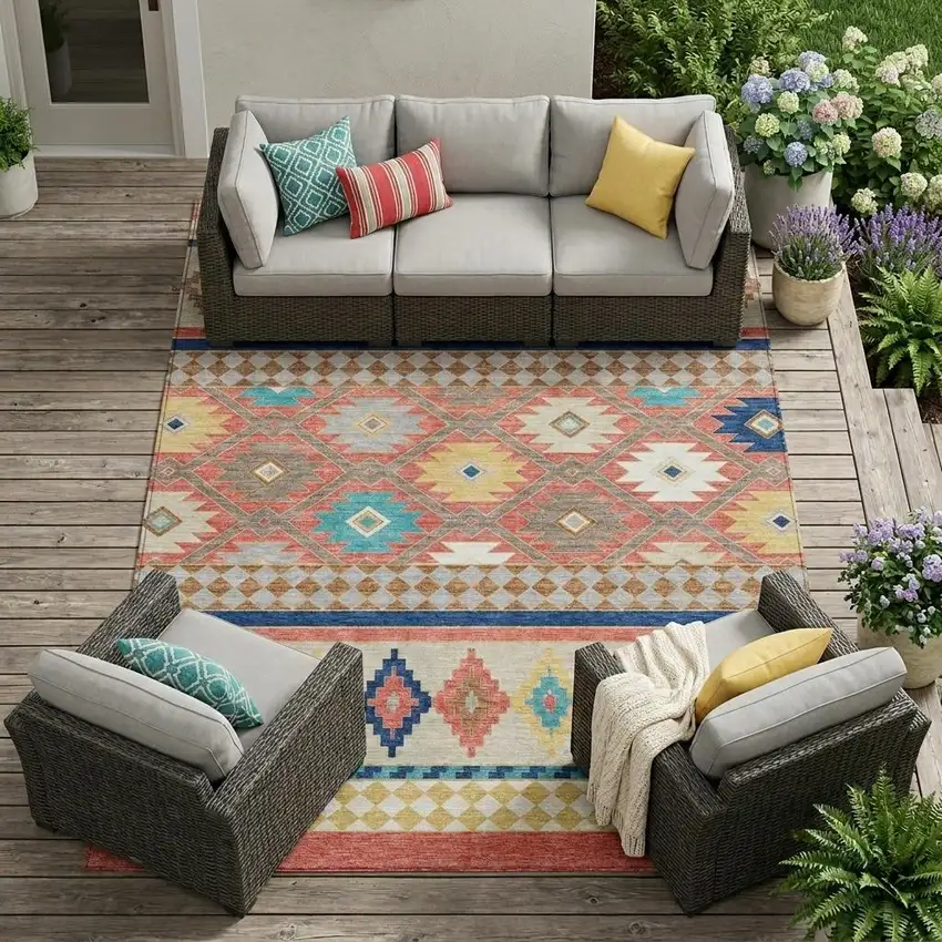 Coral And Beige Southwestern Washable Indoor Outdoor Area Rug Photo 1