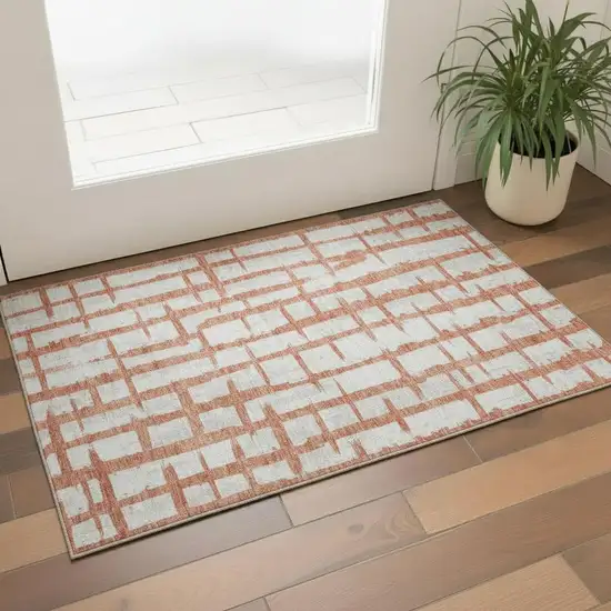 Coral And Beige Striped Washable Area Rug With UV Protection Photo 1