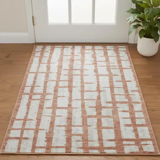 Coral And Beige Striped Washable Area Rug With UV Protection Photo 2