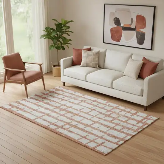 Coral And Beige Striped Washable Area Rug With UV Protection Photo 1