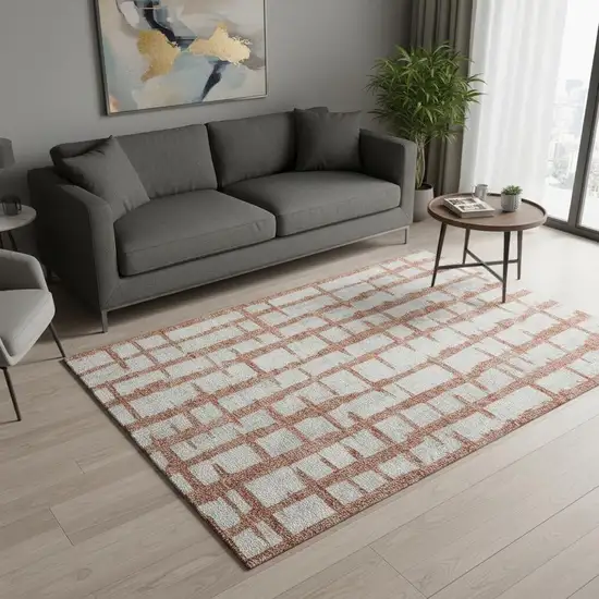 Coral And Beige Striped Washable Area Rug With UV Protection Photo 2