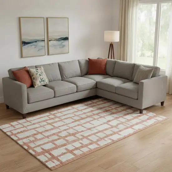 Coral And Beige Striped Washable Area Rug With UV Protection Photo 1