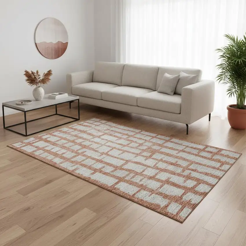 Coral And Beige Striped Washable Area Rug With UV Protection Photo 2