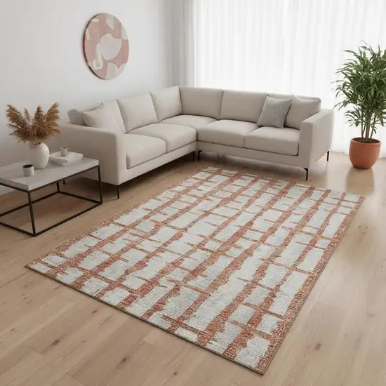 Coral And Beige Striped Washable Area Rug With UV Protection Photo 2