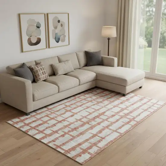 Coral And Beige Striped Washable Area Rug With UV Protection Photo 1