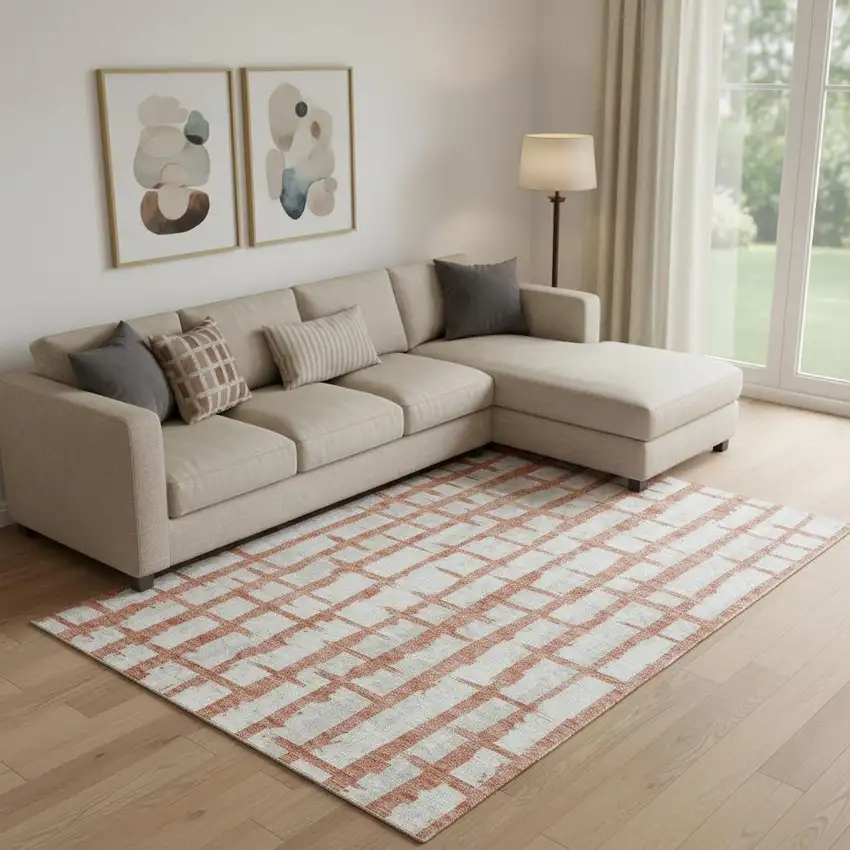 Coral And Beige Striped Washable Area Rug With UV Protection Photo 1