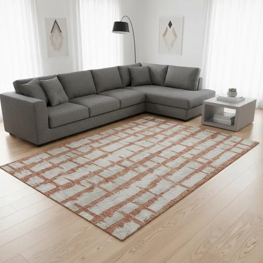 Coral And Beige Striped Washable Area Rug With UV Protection Photo 2