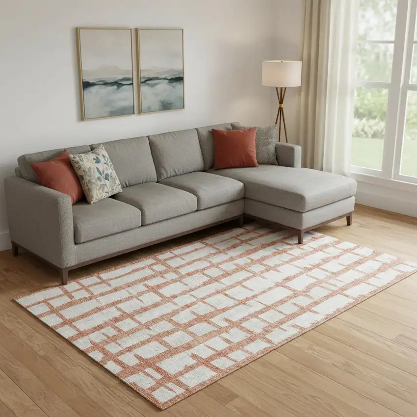 Coral And Beige Striped Washable Area Rug With UV Protection Photo 1