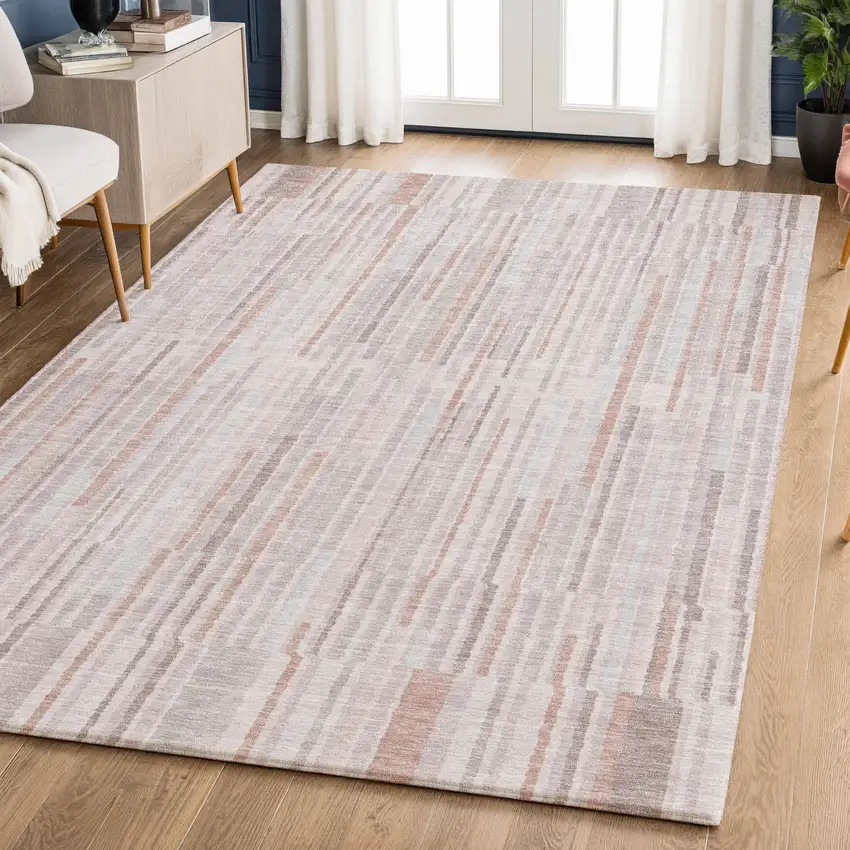 Coral And Beige Striped Washable Area Rug With UV Protection Photo 2