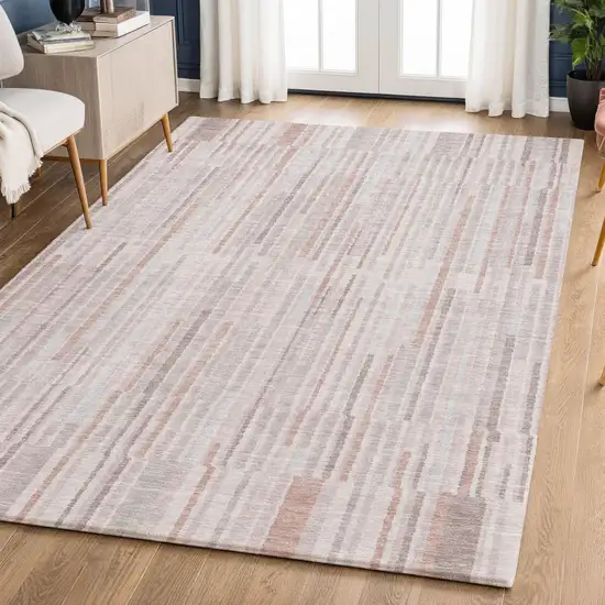 Coral And Beige Striped Washable Area Rug With UV Protection Photo 2