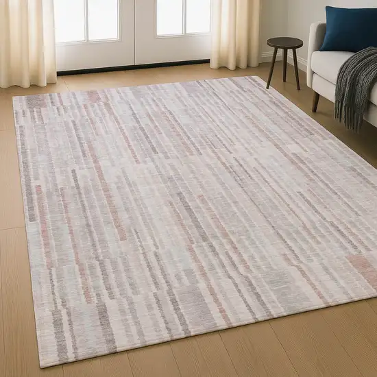 Coral And Beige Striped Washable Area Rug With UV Protection Photo 1