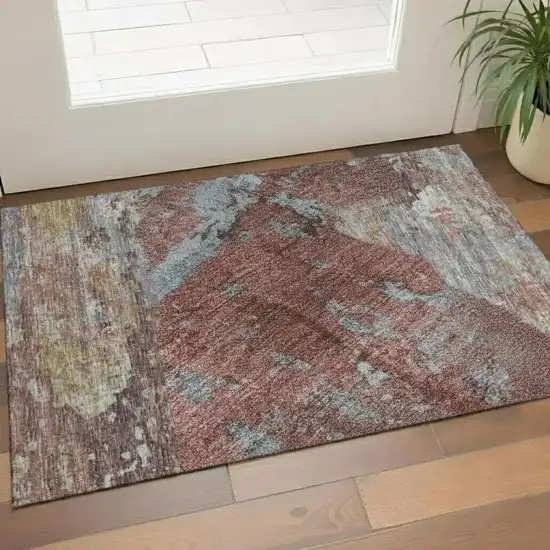 Coral And Blue Abstract Washable Area Rug With UV Protection Photo 2