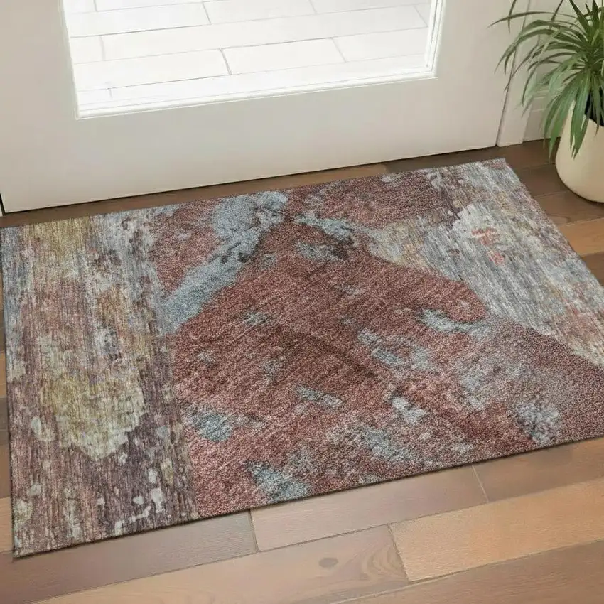 Coral And Blue Abstract Washable Area Rug With UV Protection Photo 2