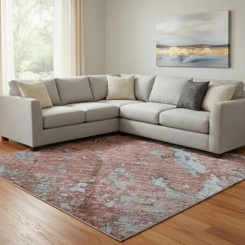 Coral And Blue Abstract Washable Area Rug With UV Protection Photo 2