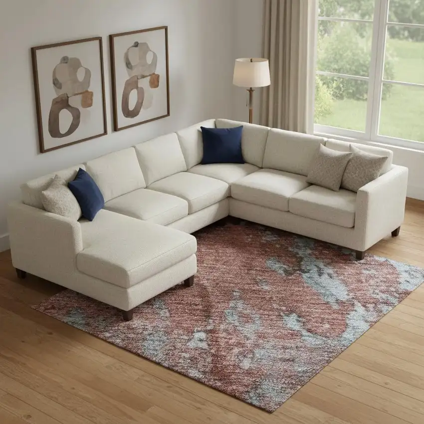 Coral And Blue Abstract Washable Area Rug With UV Protection Photo 2