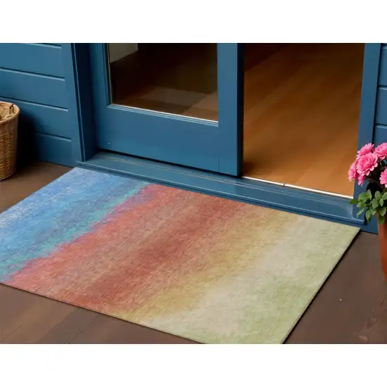 Coral And Blue Ombre Washable Indoor Outdoor Area Rug Photo 2