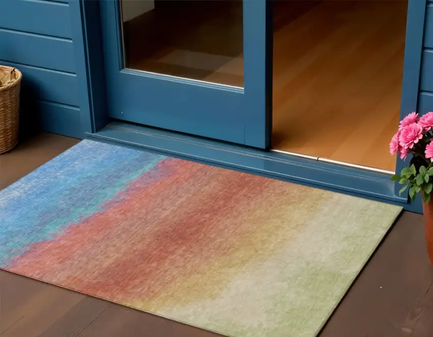 Coral And Blue Ombre Washable Indoor Outdoor Area Rug Photo 2