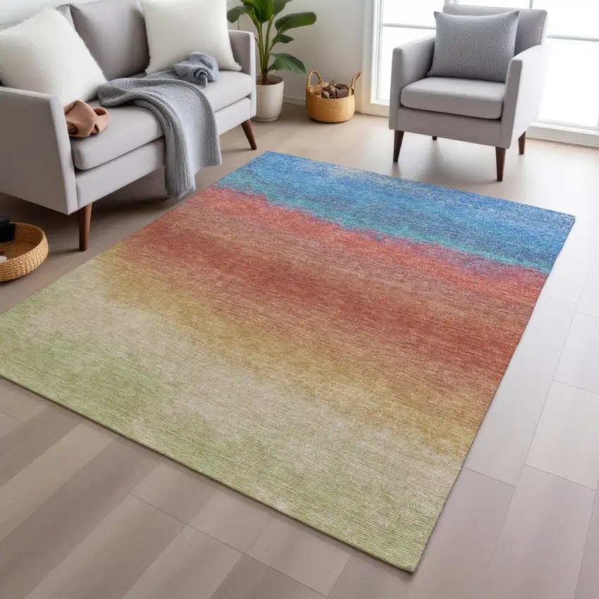 Coral And Blue Ombre Washable Indoor Outdoor Area Rug Photo 6
