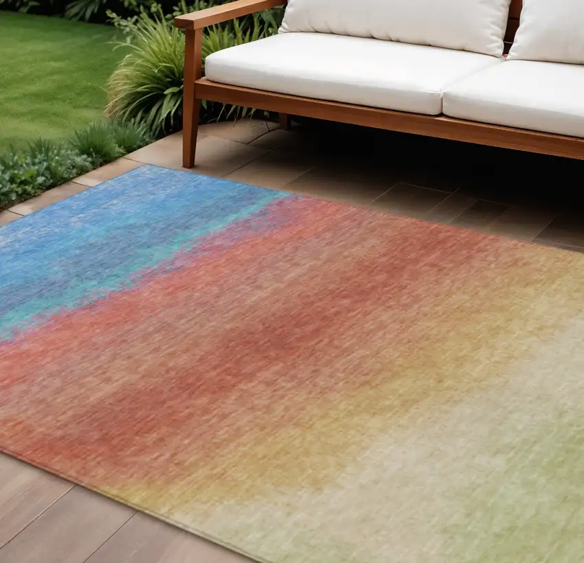 Coral And Blue Ombre Washable Indoor Outdoor Area Rug Photo 2